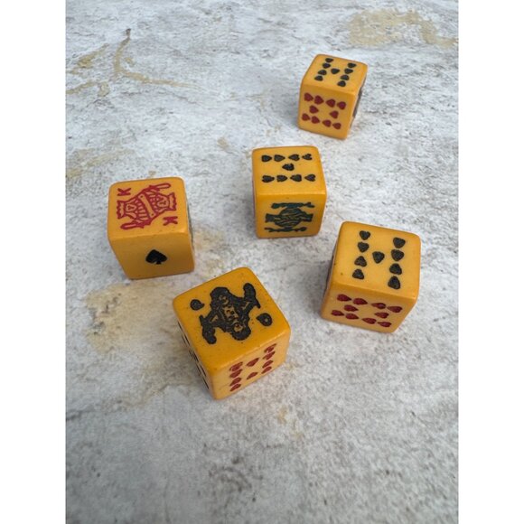 Vintage Handcrafted Butterscotch Poker-Style Dice Set With Card Suit Symbols - Picture 3 of 3